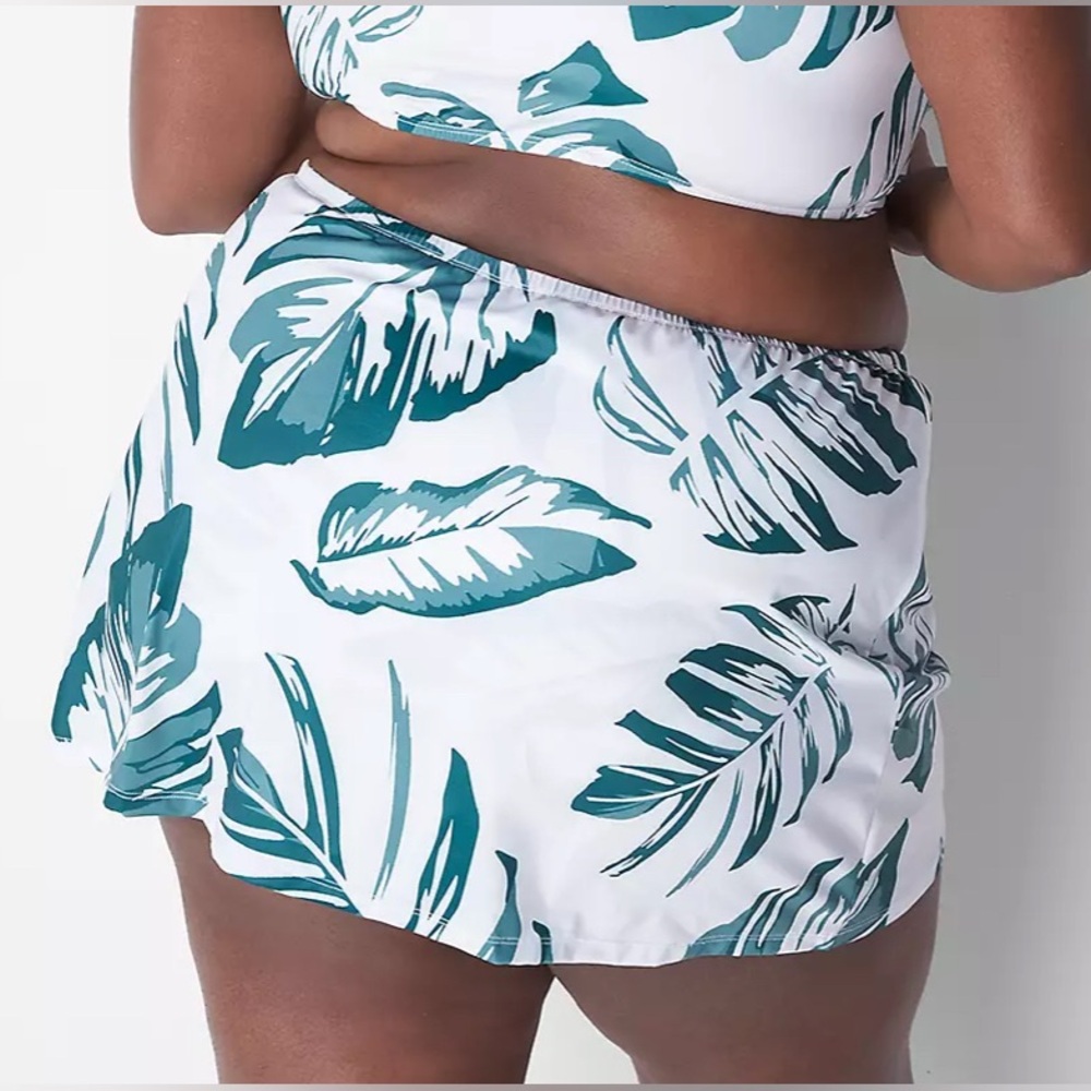 Lane Bryant Teal and White Leaf Print Swim Skirt